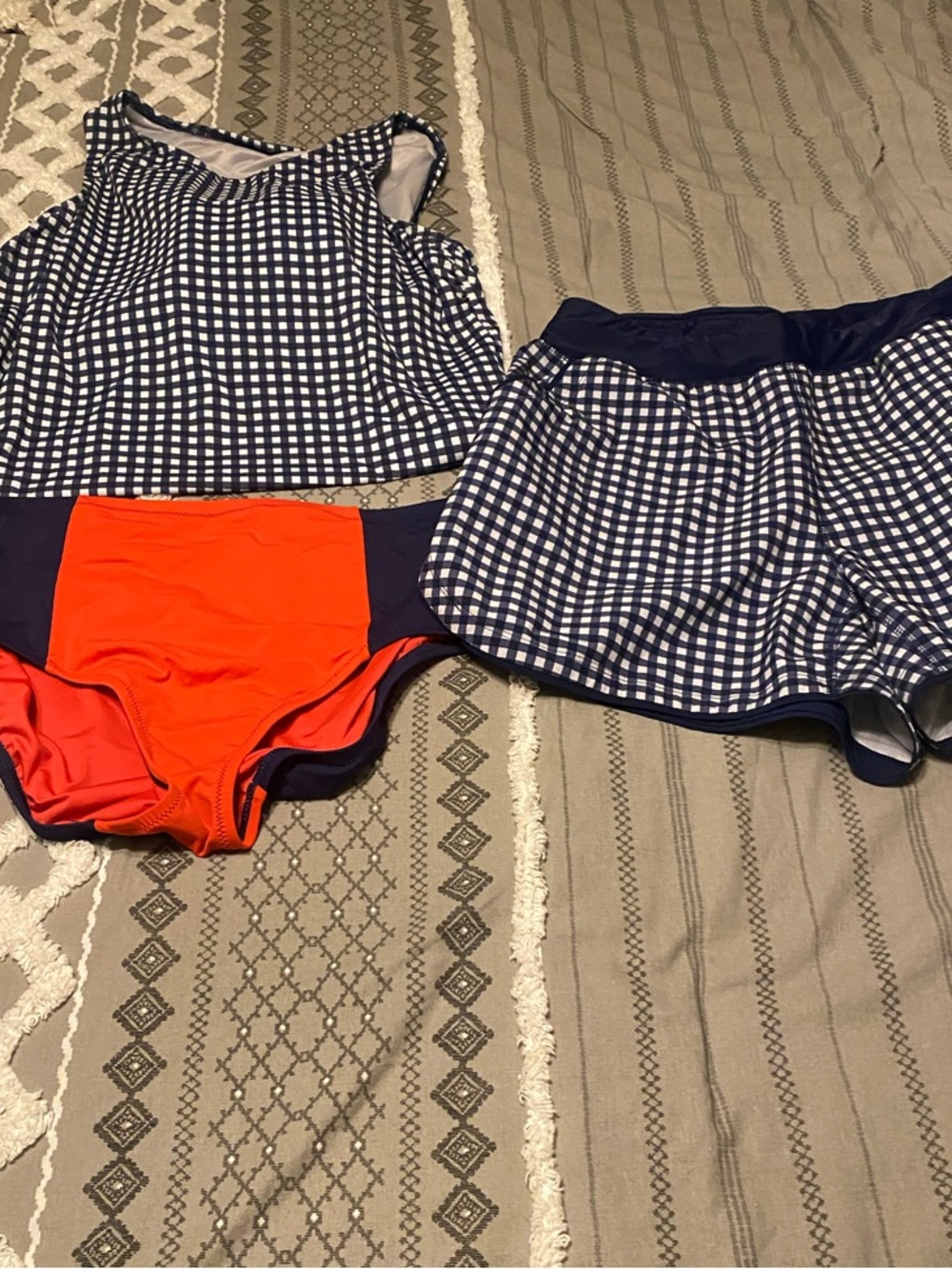 Draper James Navy Gingham Tankini with Bright Orange High-Rise Bottoms
